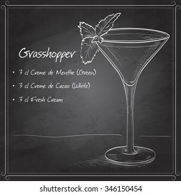 Grasshopper alcoholic cocktail on black board, consisting of Cocoa liqueur, mint liqueur, cream, ice cubes