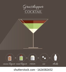 Grasshopper alcoholic fashion sweet cocktail recipe flat vector infographic with gray background. grey background.