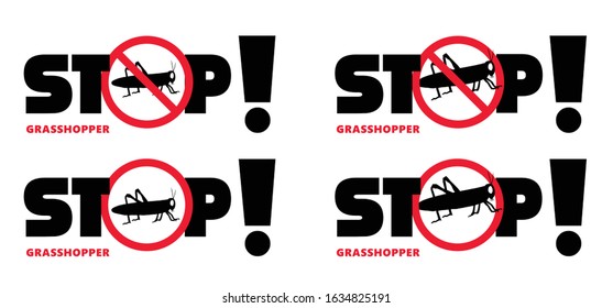 Grasshopper. Animal locust insects, green grass hoppers jumping on the landscape. Stop swarm of invasive for garden or leaf meadow for prevention. Funny vector for banner, card. Warning caution signs.