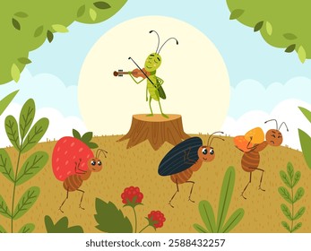 Grasshopper and ants. Cartoon grasshopper plays violin and ants work, carry food, and make supplies for winter. Insects in forest, children classy vector illustration