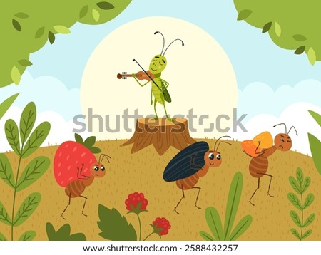 Grasshopper and ants. Cartoon grasshopper plays violin and ants work, carry food, and make supplies for winter. Insects in forest, children classy vector illustration