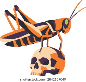 grasshopper balanced on a tiny skull, side profile facing right, full body, decorative vector illustration