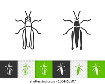 Grasshopper black linear and silhouette icons. Thin line sign of insect. Cricket Bug outline pictogram isolated on white, transparent background. Vector Icon shape. Chorthippus simple symbol closeup