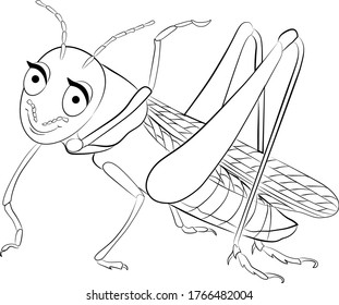 grasshopper cartoon colorless for coloring page. He smiles and waves foot. Vector illustration.