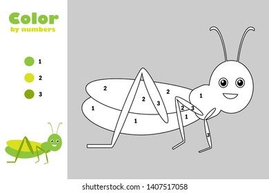 Grasshopper in cartoon style, color by number, education paper game for the development of children, coloring page, kids preschool activity, printable worksheet, vector illustration