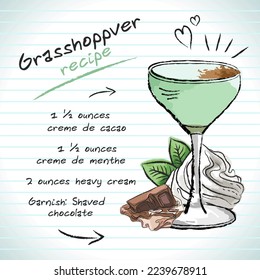 Grasshopper cocktail, vector sketch hand drawn illustration, fresh summer alcoholic drink with recipe and fruits