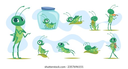 Grasshopper. Colored insects grasshopper jumping in grass exact vector cartoon template