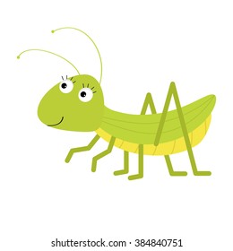 Grasshopper. Cute cartoon character. White background. Isolated.  Baby insect collection. Flat design Vector illustration