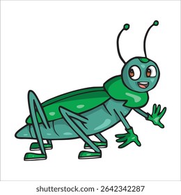 Grasshopper cute sings. Green cricket character.  Animal smells or sleeps. Happy child bug jumps in grass. Fun and relax. Nature kid comic mascot. Play music. Vector tidy activities set. 66