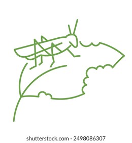 grasshopper eats leaf. Minimalist plant and Insect Icons. Vector editable outline stroke.