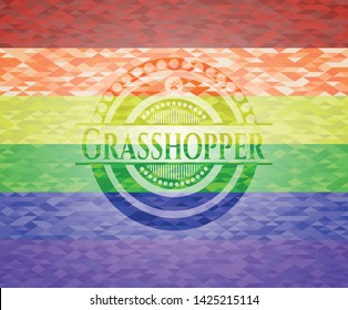 Grasshopper emblem on mosaic background with the colors of the LGBT flag