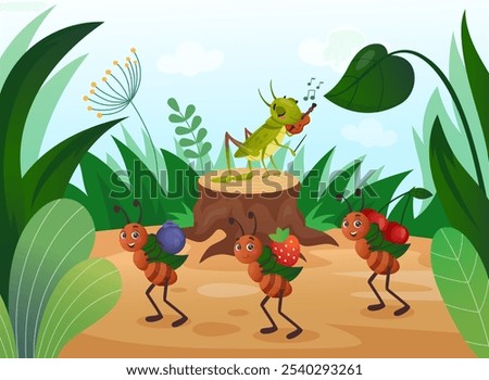 Grasshopper fable. Katydid violin. Cute ant. Children story funny character. Funny cricket sings on tree. Nature kid cartoon forest tale, beetle and bugs isolated mascots. Vector tidy illustration