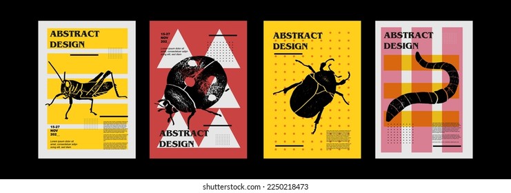 Grasshopper, grig, ladybird, worm, applegrub, cutworm, beetle, earthworm, ladybug. Set of vector posters with insects. Engraving illustrations and typography. Background images for cover, banner