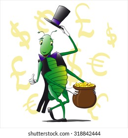  Grasshopper hat and suit holding a pot of money