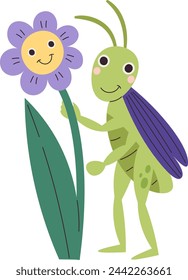 Grasshopper Holding Flower Vector Illustration