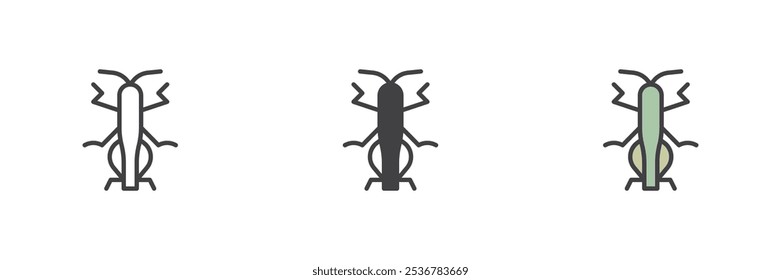 Conjunto de iconos de estilo diferente de insectos saltamontes. Línea, glifo y contorno relleno versión colorida, contorno y signo de Vector relleno. Símbolo de langosta, ilustración de logotipo. Gráficos de Vector