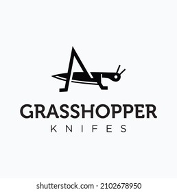 grasshopper knife logo design silhouette black symbol badge. Unique logo design with Knife and grasshopper insect concept