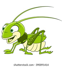 Grasshopper. Locust. Cartoon character isolated on white background. Colorful design for kids activity book, coloring page, colouring picture. Vector illustration for children.