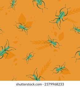 Grasshopper or locust species in nature. Branches with foliage and leaves and insects from wilderness and fields or meadows. Seamless pattern, wallpaper or background print. Vector in flat style