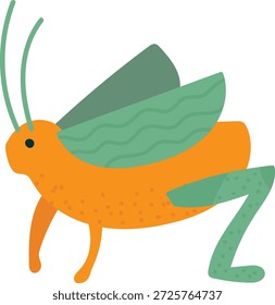Grasshopper with long antenna, folded wing, dotted body, and bent hind leg in side profile. Symbol of summer nature, agility, jump, and wildlife mascot for education. Cartoon vector illustration.