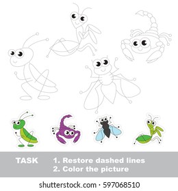 The Grasshopper and mantis, the scorpion and fly. Dot to dot educational game for kids, insect set to be traced.