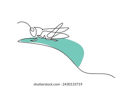 Grasshopper on leaf in continuous one line art drawing. Floral and fauna vector illustration editable stroke.