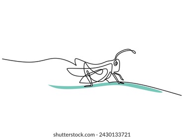 Grasshopper on leaf in continuous one line art drawing. Floral and fauna vector illustration editable stroke.