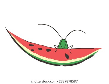 Grasshopper on a watermelon slice. After a painting in the Japanese illustrated book Choju ryakugashiki, published 1868, in the Meiji period. Colored illustration, isolated on white background. Vector