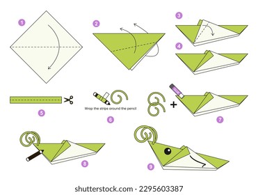 Grasshopper Origami-Schema Tutorial-Bewegung Modell. Origami für Kinder. Schritt für Schritt, wie man ein süßes Origami Insekt. Vektorgrafik.