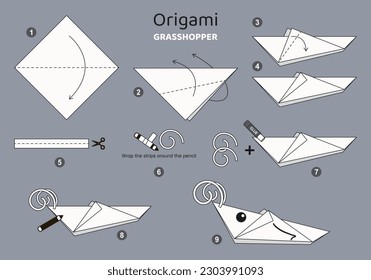 Grasshopper origami scheme tutorial moving model on grey backdrop. Origami for kids. Step by step how to make a cute origami grasshopper. Vector illustration.