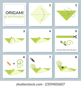 Grasshopper origami scheme tutorial moving model. Origami for kids. Step by step how to make a cute origami insect. Vector illustration.