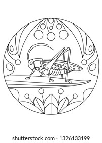 Grasshopper pattern. Illustration with a insect. Mandala with an animal.  Grasshopper in a circular frame. Coloring page for kids and adults.