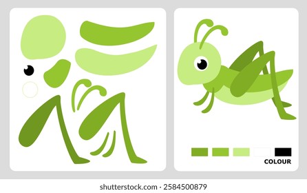 Grasshopper pattern for kids crafts or paper crafts. Vector illustration of grasshopper puzzle. cut and glue patterns for children's crafts.