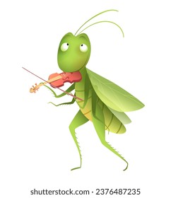 Grasshopper tocando violín, personaje de músico de críquet para niños. Educación musical e ilustración de hobby. Ilustración vectorial dibujada a mano en un estilo acuarela, arte clip de cricket aislado para niños.