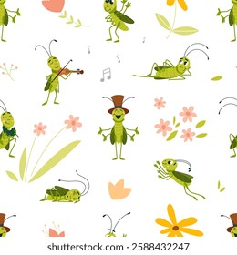 Grasshopper seamless pattern. Cute positive grasshoppers and flowers grass. Decorative print with insects for fabric wallpaper wrapping, classy vector background