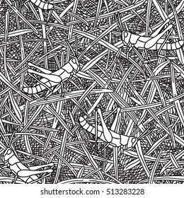 Grasshopper - Seamless Pattern.
Hand drawn seamlessly repeating vector pattern with grasshopper and grass motif.