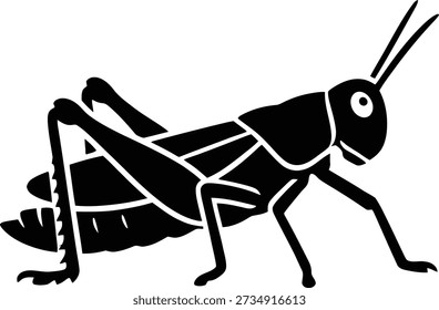 Silhueta de gafanhoto em estilo vetorial preto limpo, mostrado em uma pose pulando e isolado no branco. Design minimalista de insetos ideal para logotipos de controle de pragas, educação em biologia, marca da natureza e decalques.
