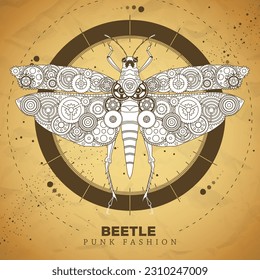 Grasshopper silhouette with gears on old paper texture background. Punk style. Vector illustration