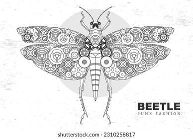 Grasshopper silhouette with gears. Punk style. Beetle vector illustration