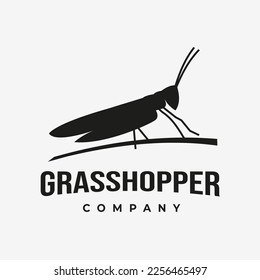 Grasshopper Silhouette logo with Cattail Reed Grass, vector vintage label on a white background