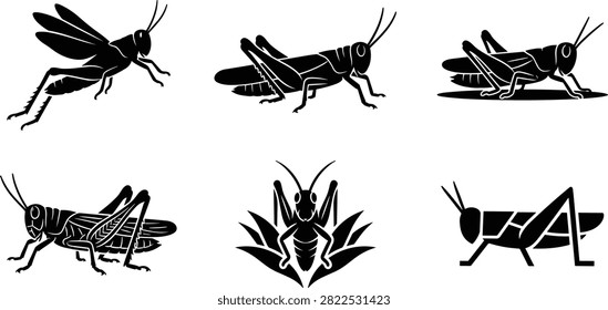 Grasshopper Silhouette Vector Set Featuring Detailed Side Views Front Profiles Flying Pests and Minimalist Flat Insect Icons for Nature Layouts