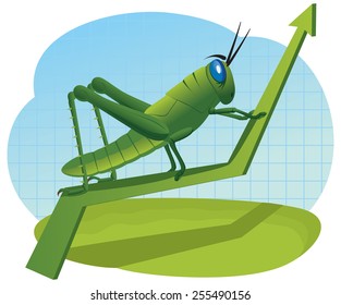 Grasshopper is sitting on a rising green chart arrow