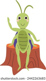 Grasshopper Sitting On Stump Vector Illustration