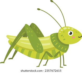 Grasshopper with smiling face. Green insect cartoon character