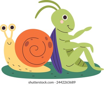 Grasshopper And Snail Friends Vector Illustration