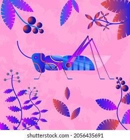 The grasshopper is standing on field of the flowers of the illustration