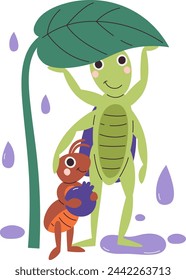 Grasshoppers Family Under Leaf Vector Illustration