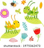 Grasshoppers and flowers. Vector illustration 