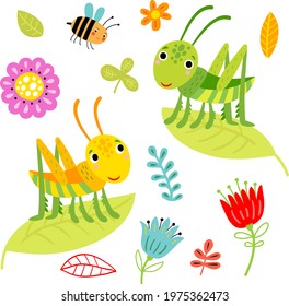 Grasshoppers and flowers. Vector illustration 