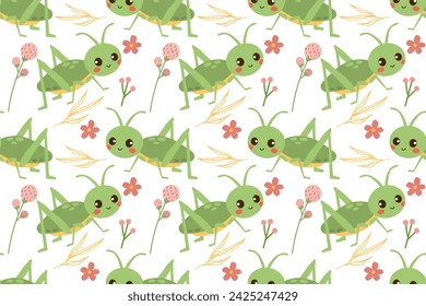 Grasshoppers and flowers. Vector illustration cartoon flat psttern with flower and branch isolate on white , cute character for your design , graphic design for paper or fabric prints .